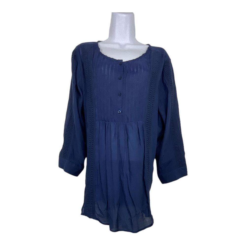 Hope & Harlow Navy Blue Embroidered 3/4 Sleeve Pleated Tunic Sz L